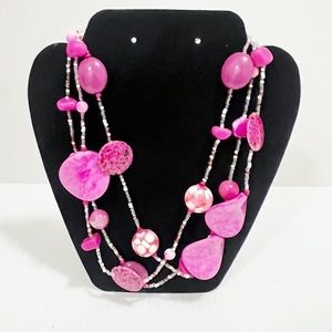 Vintage Necklace 18" Triple Strand Silver Tone Pink Beads